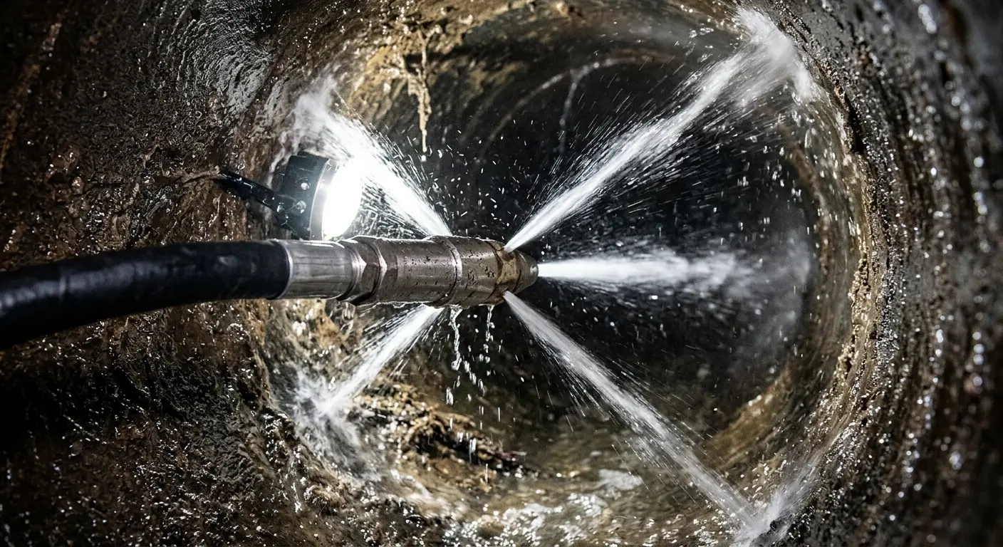 High-pressure hydro jetting nozzle cleaning sewer pipe for Emergency Drain Service in South Holland