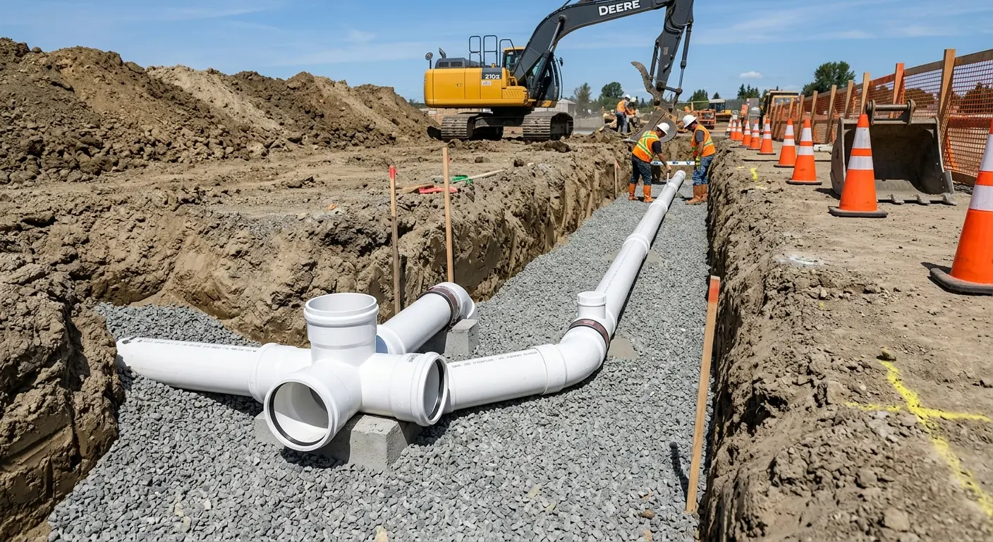New PVC sewer pipe installation in open trench for Grease Trap Cleaning in South Holland
