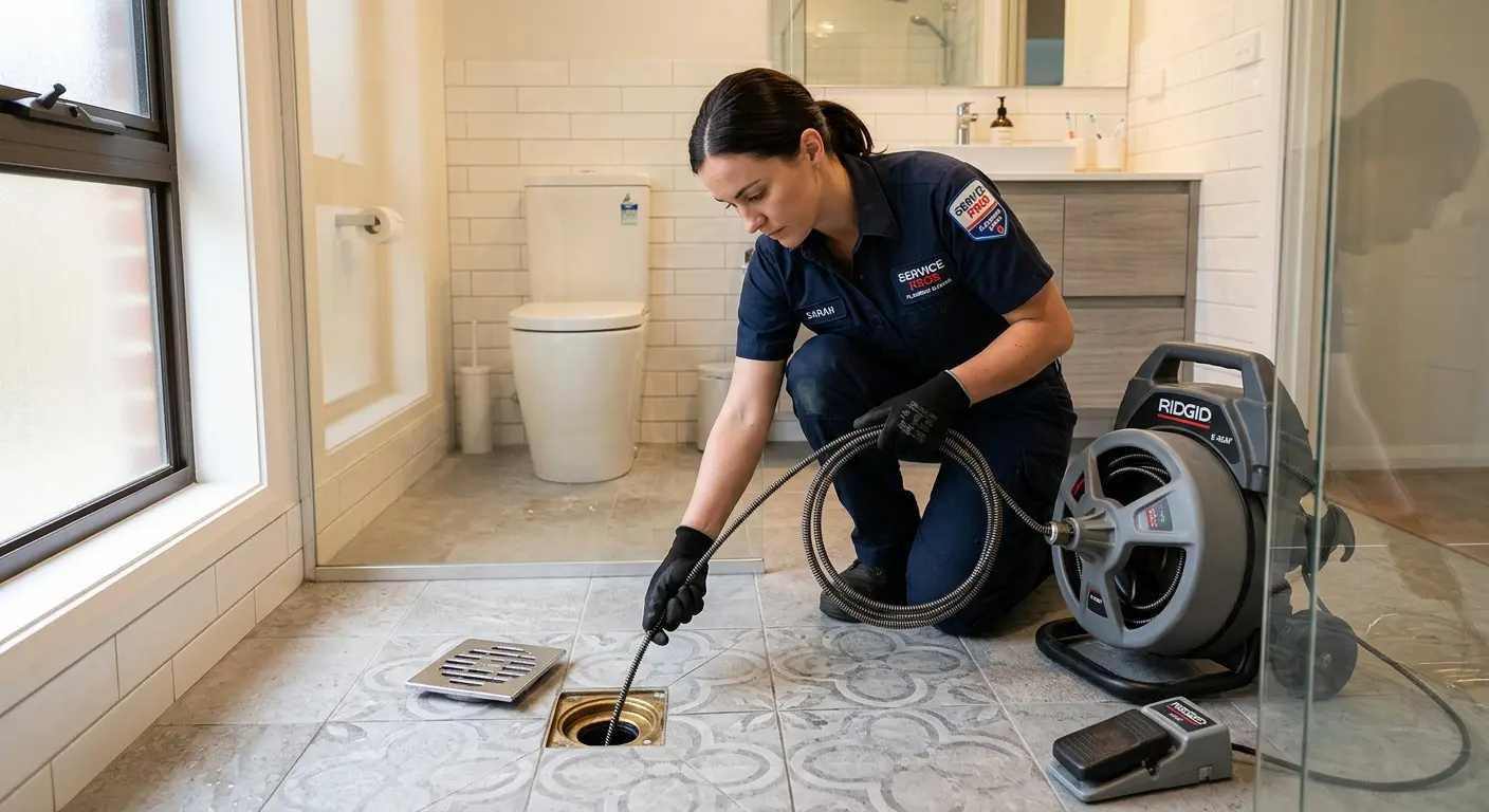 Technician clearing a bathroom floor drain for Hydro Jetting in South Holland